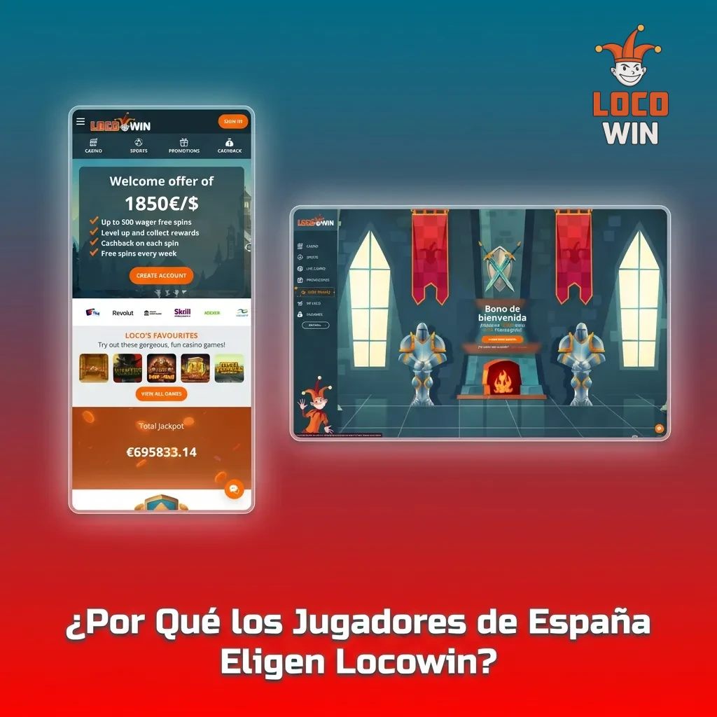 Locowin casino platform interface showing game selection, secure payment options, and customer support for Spanish players